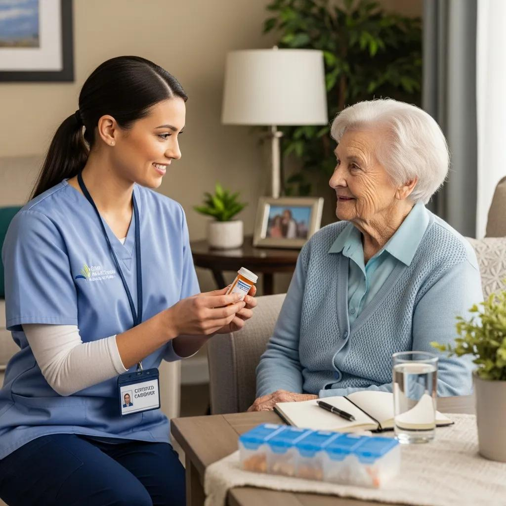 Caregiver assisting senior resident with daily activities