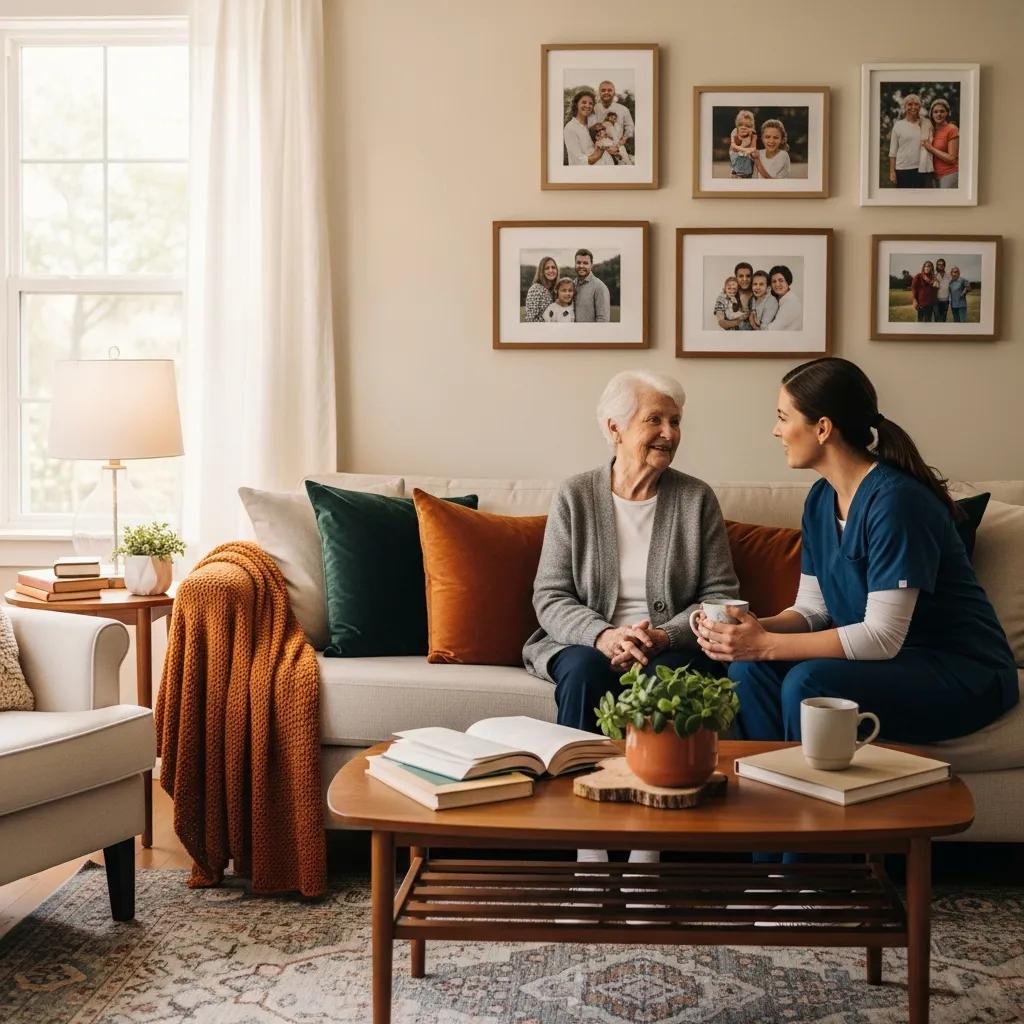 Cozy adult family home interior with caregiver and senior resident