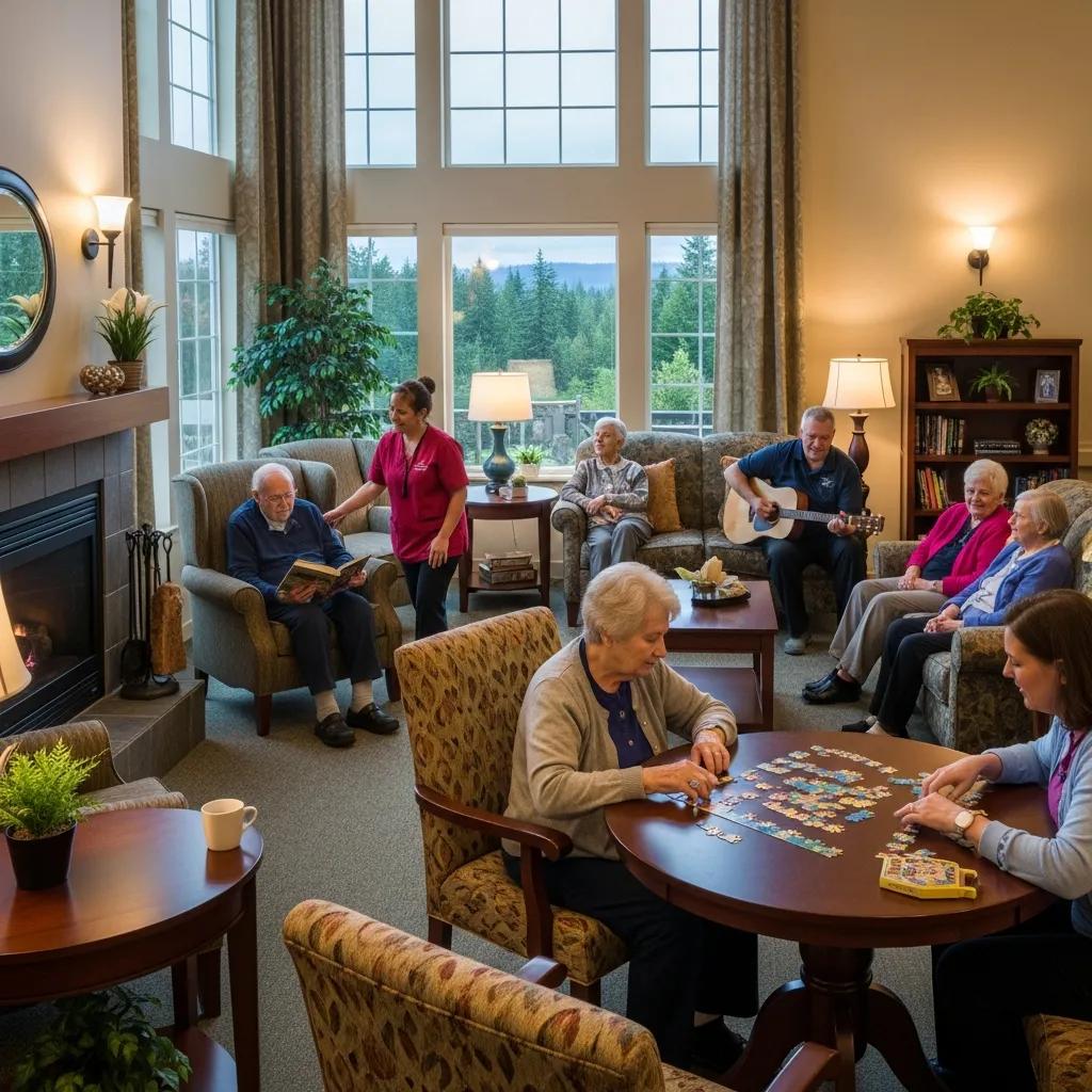 Memory care facility in Washington State with residents and caregivers in a supportive environment