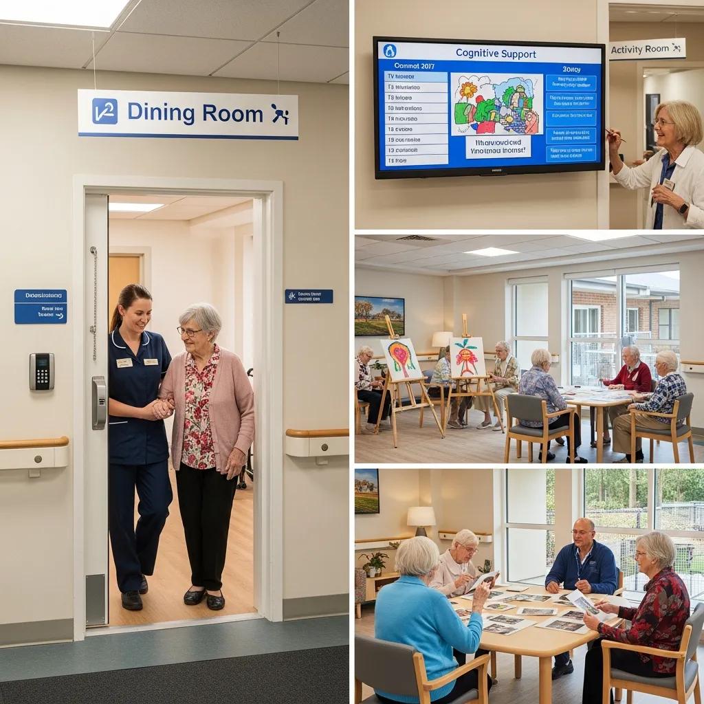 Safety features in memory care facilities, highlighting secured environments and cognitive support activities