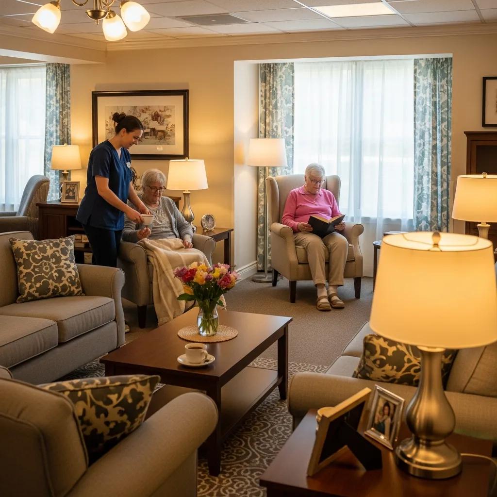 Cozy senior living space illustrating assisted living and independent living options, with caregiver assisting resident.
